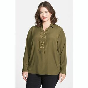 New! MICHAEL KORS Chain Lace-Up Top Blouse Plus Size Green Size 2X Long Sleeve